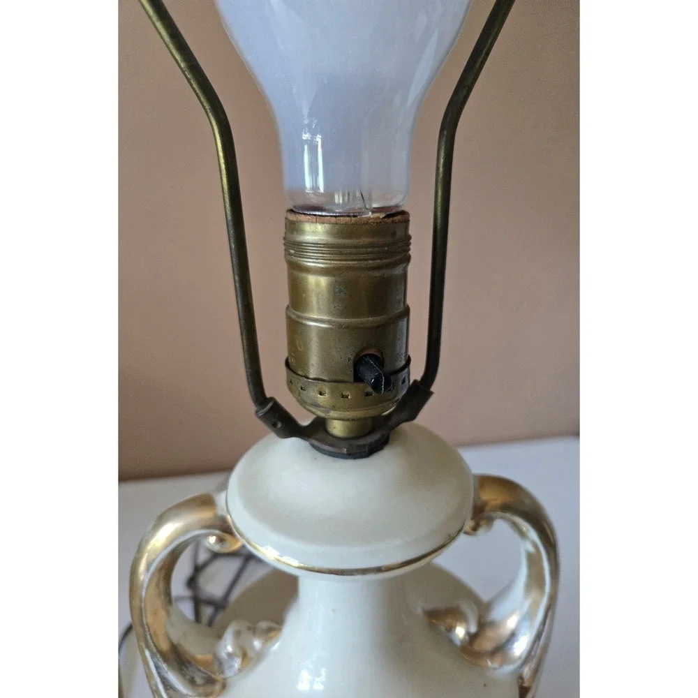 Vintage Pair Floral Porcelain Urn Table Lamps White Gold Roses Hollywood Regency